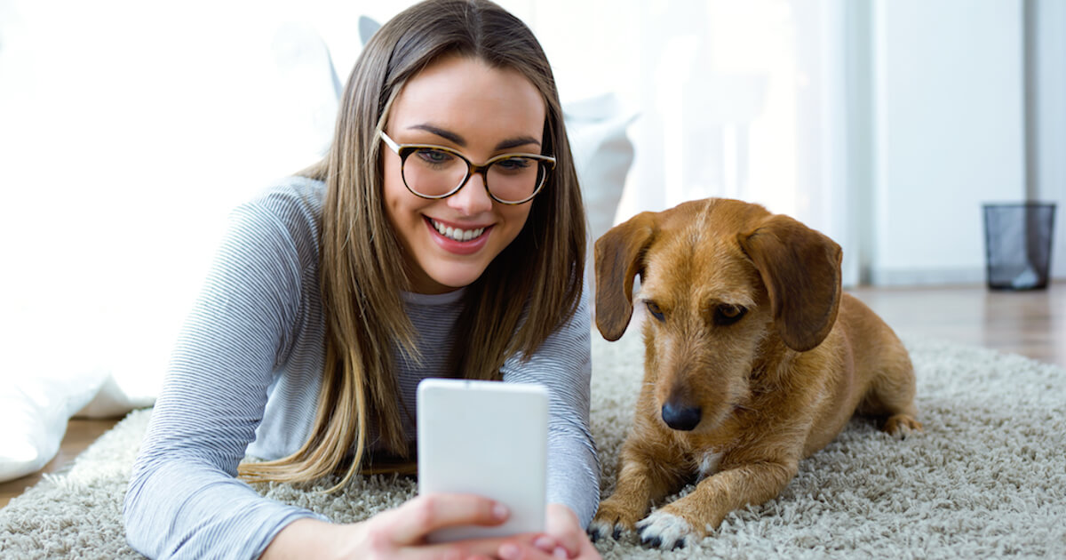 Young woman with her dog using mobile phone at home.