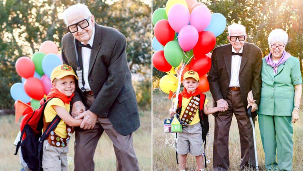 Menino de 5 anos e bisavós de 90 anos vestem-se como personagens de ‘Up’ na sessão de fotos de aniversário