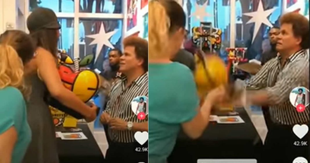 Mulher quebra obra de Romero Britto e reação do artista vira meme; vídeo