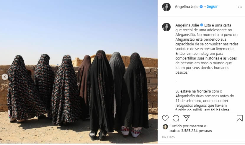 seuamigoguru.com - Angelina Jolie cria conta no Instagram só para ajudar jovem afegã e bate record de vizualizações em um post!