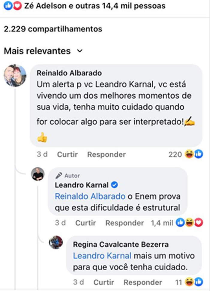 seuamigoguru.com - Bolsonaristas respondem post de Leandro Karnal com tom de ameaça