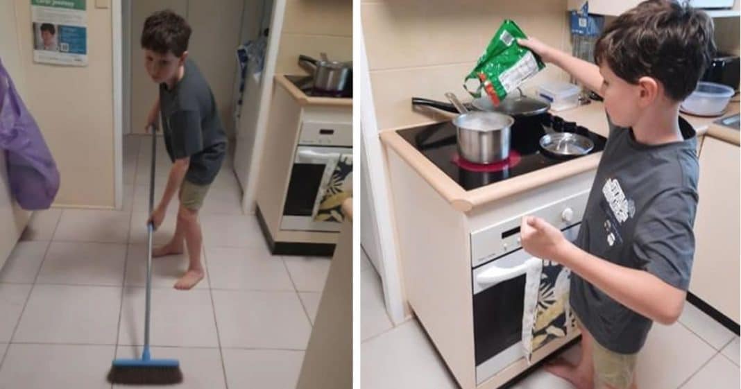 Aos 10 anos, ele foi adotado pelos bisavós e agora cuida deles, faz comida e limpa a casa.